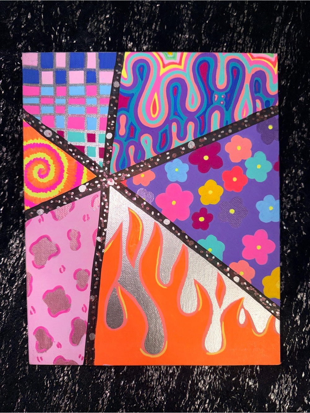 Vibrant Geometric Pop Art Canvas - Neon Florals & Flames